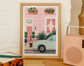 London art print, London Pink house art print, London pastel art print, London art, London poster, London travel poster, Pink house art