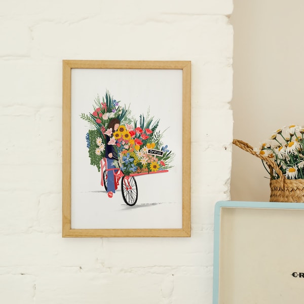 Girl on floral bike,Flowers,Floral,Bike Print,Bicycle,Girl power,Girl illustration,Female,House print,Bedroom Decor