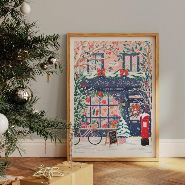 Merry & Bright, Winter Boutique, Christmas Print, Festive Shopfront Scene