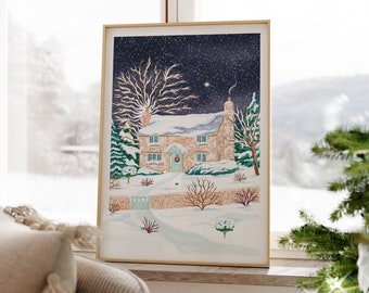 The Holiday Cottage, Christmas Cottage art, Christmas house art, Christmas art print, Christmas house gift, Snow Scene art print, Cottage