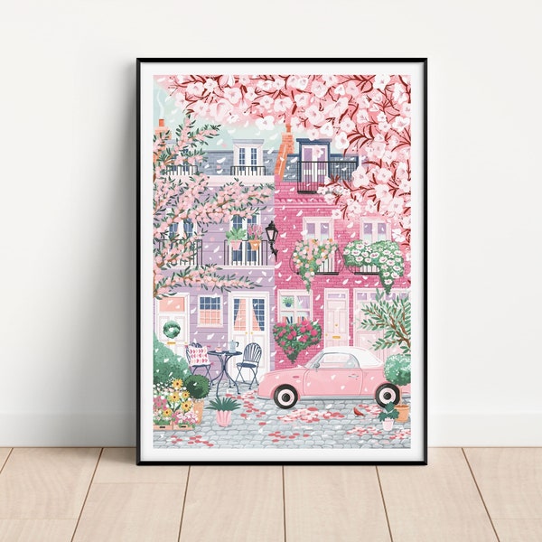 Londres, Nottinghill, art des cerisiers en fleurs, affiche de voyage à Londres, art mural rose, art mural printemps, tirages de voyage, décoration de chambre à coucher