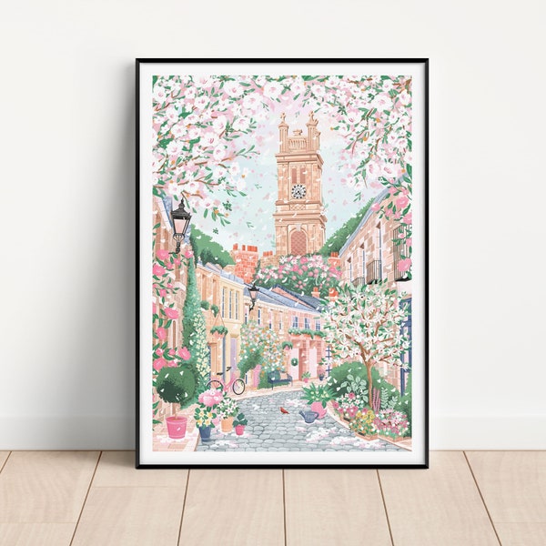 Edinburgh, Circus Lane, Scotland Print, CottageCore, Scottish Art, Pink Wall Art, Spring Wall Art, City Prints, Cottage Decor