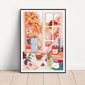 Herbst Wandkunst, Kaffee Wandkunst, Herbst Fenster Szene Druck, Landschaftskunst, Büro Wandkunst, Hygge, Kaffee Druck, Kaffee Kunst, Wohnzimmer Kunst