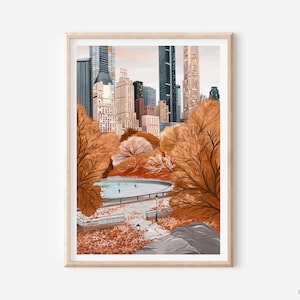 Central Park Autumn Artwork in a wood frame - Seasonal Landscape Painting