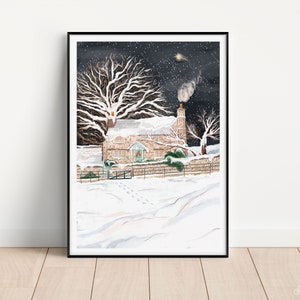 The Holiday Cottage, Christmas Cottage art, Christmas house art, Christmas art print, Christmas house gift, Snow Scene art print, Cottage