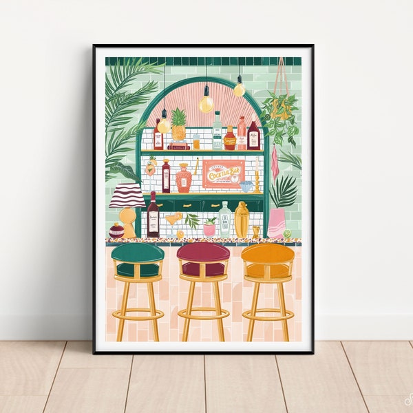 Retro Cocktail Bar, Kitchen prints, Art for Kitchen, Bar Cart Art, Maximalist, Boho Kitchen Decor