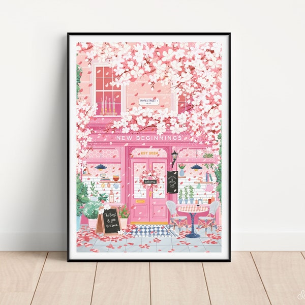 New Beginnings Cafe, Cherry Blossom Art, Coffee poster, Pink Wall Art, Cafe Wall Art, Coffee gift, Kitchen Wall Art