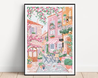 Südfrankreich, Kunst der französischen Riviera, französischer Druck, Villefranche-sur-Mer, rosa Wandkunst, Frühlingswandkunst, Reiseposter, Schlafzimmerdekoration