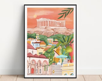 Athènes, Grèce, impression d'Athènes, affiche de voyage en Grèce, impression d'art en Grèce, Acropole, bibliothèque d'Hadrien, affiche d'Athènes, art d'Athènes, impression de voyage