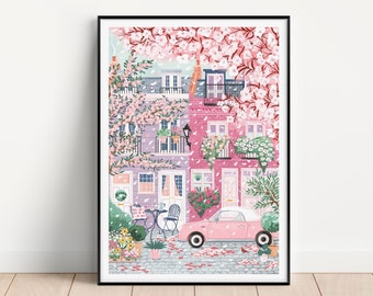 London, Nottinghill, Cherry Blossom Art, London travel poster, Pink Wall Art, Spring Wall Art, Travel Prints, Bedroom Decor