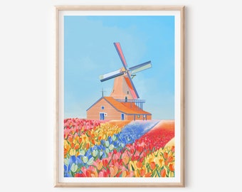 Amsterdam, Amsterdam Windmill art print, Amsterdam art print, Amsterdam tulip fields art, Amsterdam travel print, Amsterdam travel art,