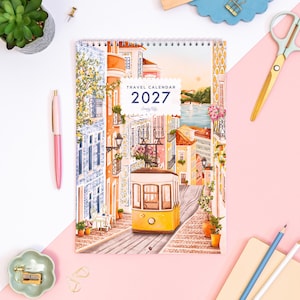 Viajes 2027: Calendario de pared, planificador mensual, papelería, regalo para ella, calendario ilustrado de 12 meses, regalo de viaje, decoración de pared