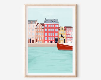 Copenhagen Print,Denmark Travel poster, Vintage Travel Poster,Framed Wall Art Cityscape Print,Housewarming Art Gift, Denmark wall art