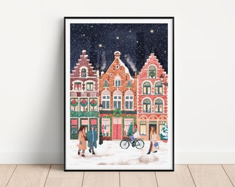 Bruges at Christmas, Bruges, Bruges art print, Christmas print, Christmas decor, Belgium, Markt Brugge, Travel Print, Brussels Print