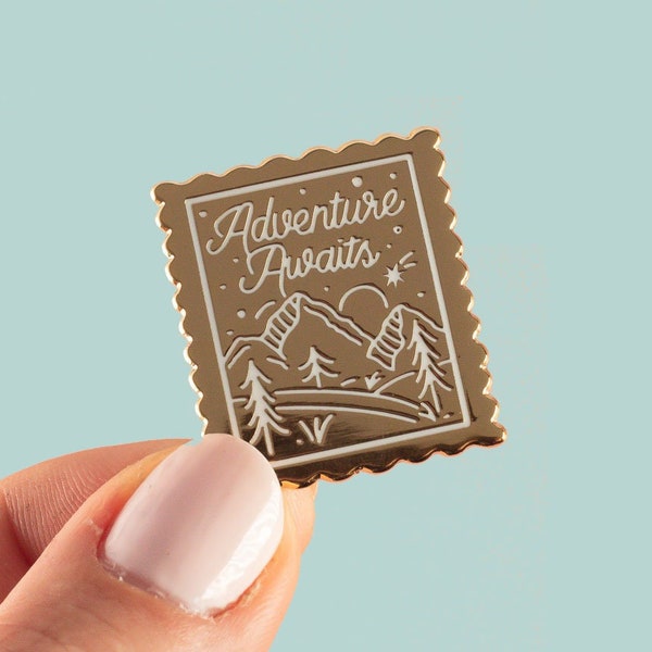 Adventure Awaits Pin, Stamp Enamel Pin, Travel Pin Badge, Adventure Pin, Adventure pin badge, Adventure enamel pin, Stamp Badge, Travel Pin