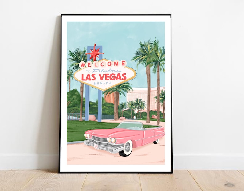 May include: A pink vintage convertible car driving past the iconic "Welcome to Fabulous Las Vegas" sign with palm trees in the background.