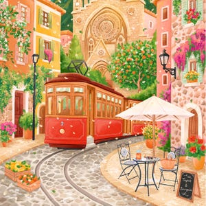May include: A vibrant illustration of a European town scene featuring a red trolley car on tracks. Buildings in shades of orange and pink line the cobblestone street. A cafe with a white umbrella and a sign that says "Tapas & Sangria" is in the foreground.