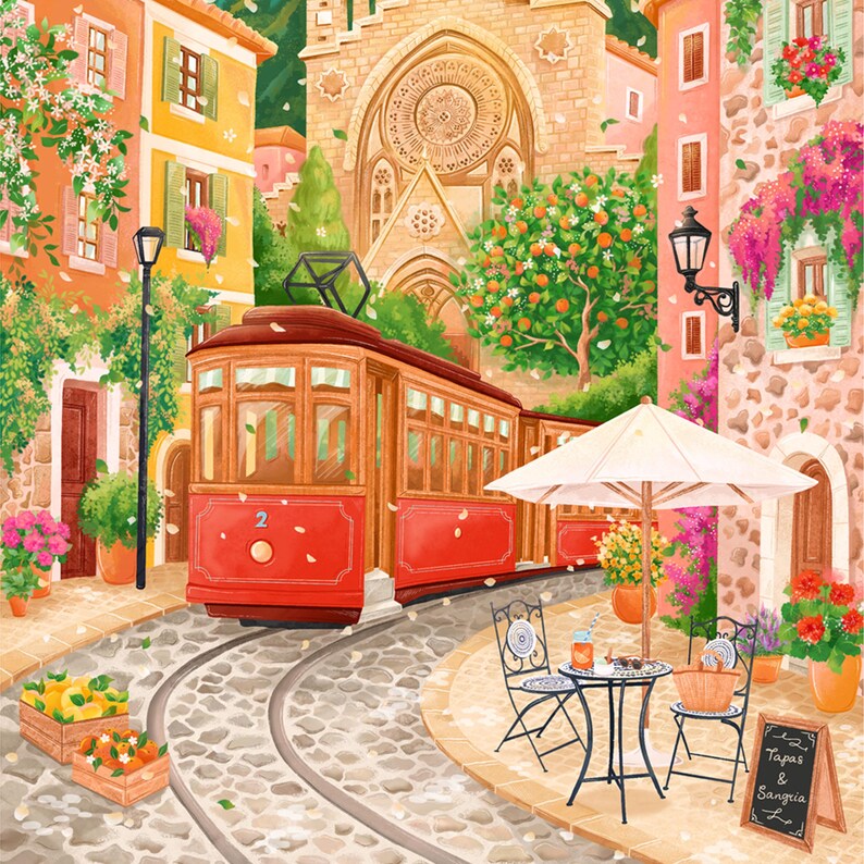 May include: A vibrant illustration of a European town scene featuring a red trolley car on tracks. Buildings in shades of orange and pink line the cobblestone street. A cafe with a white umbrella and a sign that says "Tapas & Sangria" is in the foreground.
