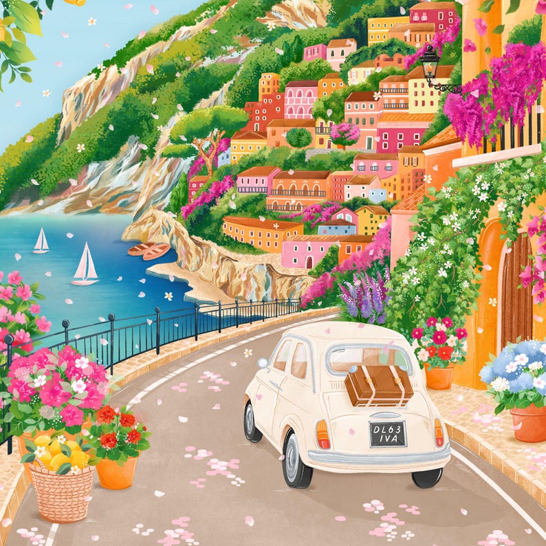 May include: Illustration of a coastal Italian town with colorful buildings on a hillside. A cream-colored vintage car with luggage drives along a road. Pink flowers and potted plants line the road, with sailboats on the blue sea.