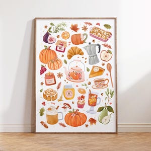May include: A vertical art print featuring a collection of autumn-themed illustrations including pumpkins, a teapot, a moka pot, a honey jar, a candle labelled Pumpkin Spice, pastries, fruits like figs and pears, leaves, and various spices.