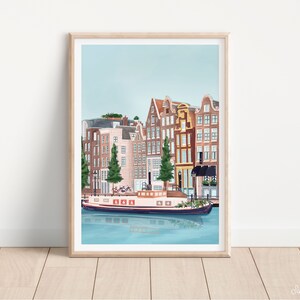 May include: A digital painting of a canal scene in Amsterdam, Netherlands. The painting features a row of colorful buildings with a boat in the foreground. The sky is blue and the water is calm.