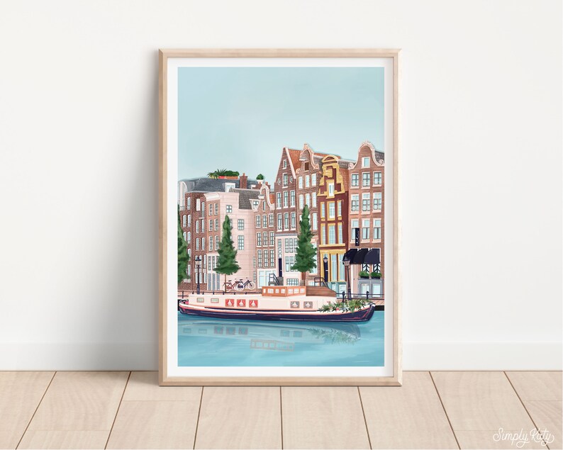 May include: A digital painting of a canal scene in Amsterdam, Netherlands. The painting features a row of colorful buildings with a boat in the foreground. The sky is blue and the water is calm.