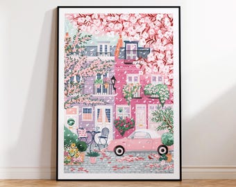 Notting Hill in Spring Art Print, London Travel Poster, Pink Cherry Blossom Wall Decor