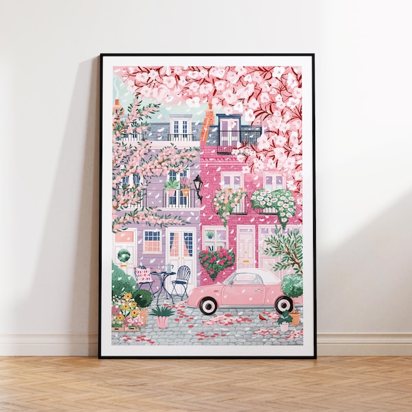 Notting Hill in Spring Art Print, London Travel Poster, Pink Cherry Blossom Wall Decor