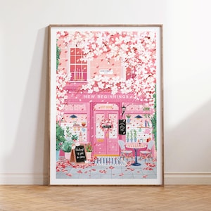 New Beginnings Cafe, Cherry Blossom Art, Coffee poster, Pink Wall Art, Cafe Wall Art, Coffee gift, Kitchen Wall Art