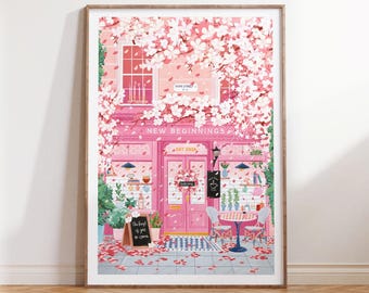New Beginnings Cafe, Cherry Blossom Art, Coffee poster, Pink Wall Art, Cafe Wall Art, Coffee gift, Kitchen Wall Art