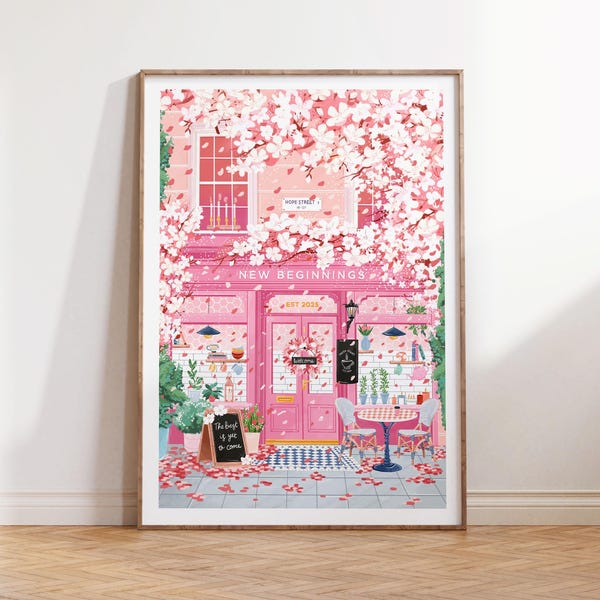 New Beginnings Cafe, Cherry Blossom Art, Coffee poster, Pink Wall Art, Cafe Wall Art, Coffee gift, Kitchen Wall Art