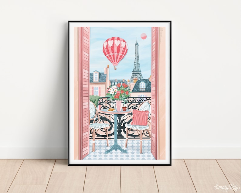 Paris Eiffel Tower View from Window Balcony - Cityscape Illustration with Hot Air Balloon in a Black Frame