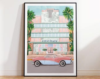 May include: A pink and blue vintage car parked in front of a pastel pink and green art deco building with palm trees. The building has the text "Ocean Plaza" above the entrance.