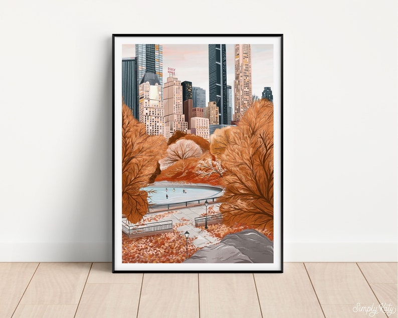 Central Park Autumn Artwork in a black frame - Seasonal Landscape Painting