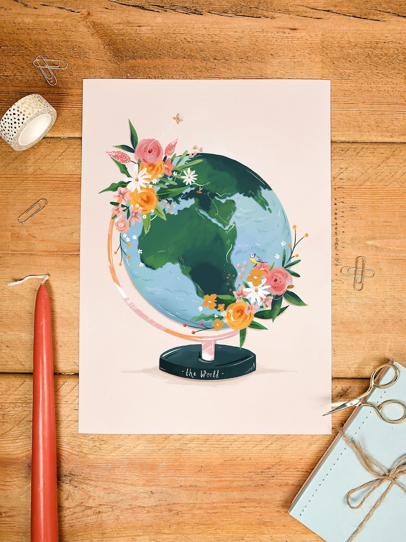 The World art print, World art print, Earth art print, Nursery art print, Nursery wall art, Nursery decor, Nursery print, Globe print image 2