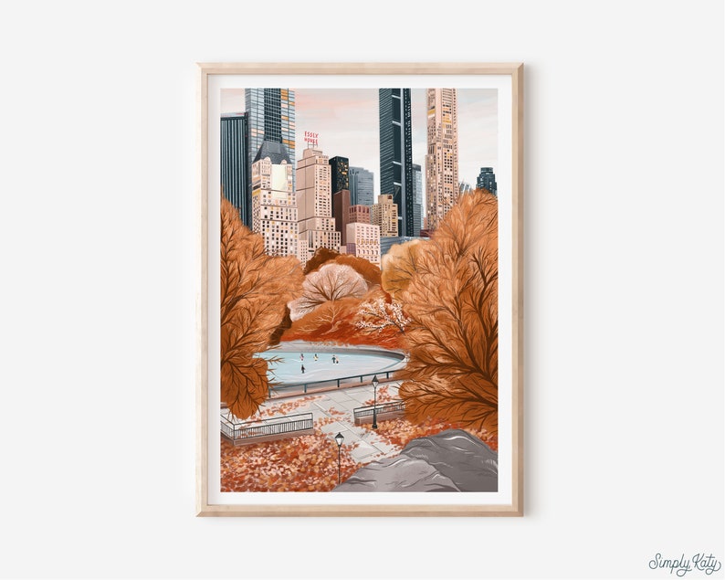 Central Park Autumn Artwork in a wood frame - Seasonal Landscape Painting