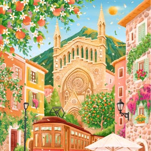 May include: A vibrant illustration of a European town square with a church, buildings, and a trolley. Orange trees and flowers frame the scene. The sky is blue with a bright sun. The buildings are painted in shades of yellow, orange, and pink.