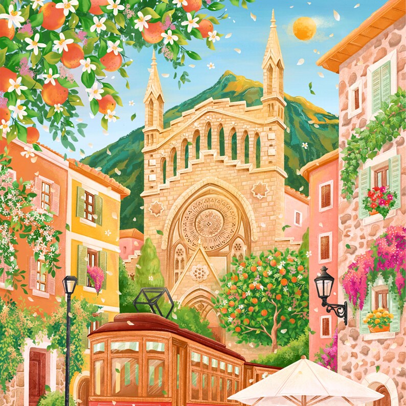 May include: A vibrant illustration of a European town square with a church, buildings, and a trolley. Orange trees and flowers frame the scene. The sky is blue with a bright sun. The buildings are painted in shades of yellow, orange, and pink.