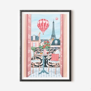 May include: A pink hot air balloon with white hearts floats over the Eiffel Tower in Paris, France. The scene is viewed from a balcony with two chairs and a table set for two. The balcony has pink shutters and a view of the city.