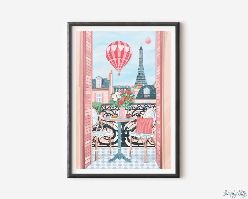 May include: A pink hot air balloon with white hearts floats over the Eiffel Tower in Paris, France. The scene is viewed from a balcony with two chairs and a table set for two. The balcony has pink shutters and a view of the city.