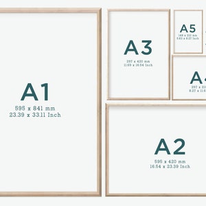 May include: A collection of framed art prints in various sizes, including A1 (23.39 x 33.11 inches), A2 (16.54 x 23.39 inches), A3 (11.69 x 16.54 inches), A4 (8.27 x 11.69 inches), and A5 (5.83 x 8.27 inches). The frames are light wood.
