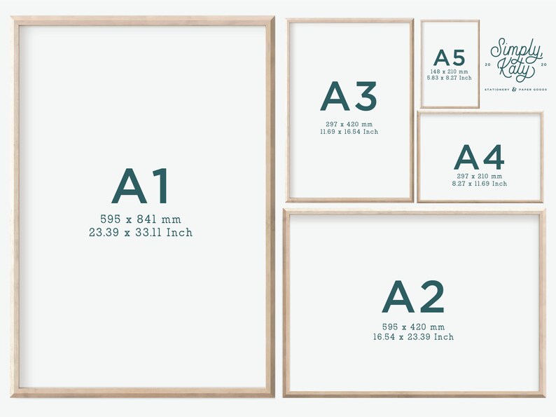 May include: A collection of framed art prints in various sizes, including A1 (23.39 x 33.11 inches), A2 (16.54 x 23.39 inches), A3 (11.69 x 16.54 inches), A4 (8.27 x 11.69 inches), and A5 (5.83 x 8.27 inches). The frames are light wood.