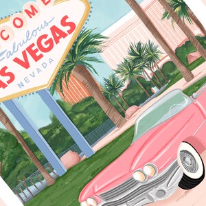 May include: A pink vintage convertible car driving past the iconic "Welcome to Fabulous Las Vegas" sign with palm trees and a pink building in the background.
