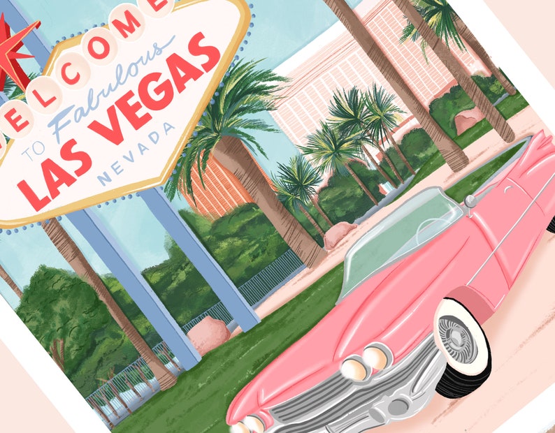 May include: A pink vintage convertible car driving past the iconic "Welcome to Fabulous Las Vegas" sign with palm trees and a pink building in the background.