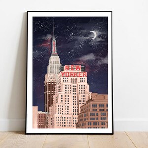 May include: A digital illustration of a pink building with the words "NEW YORKER" in red letters on the side. The building is set against a dark blue night sky with white stars and a crescent moon.
