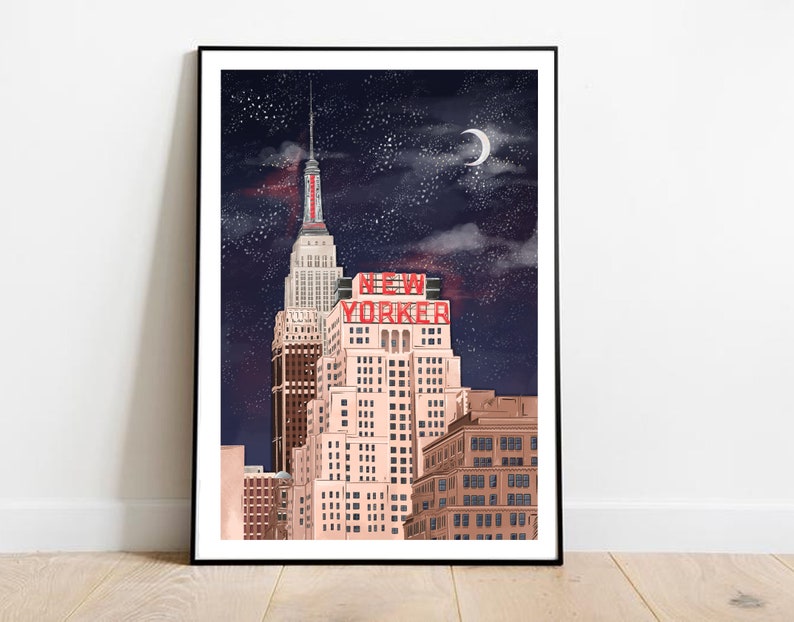 May include: A digital illustration of a pink building with the words "NEW YORKER" in red letters on the side. The building is set against a dark blue night sky with white stars and a crescent moon.