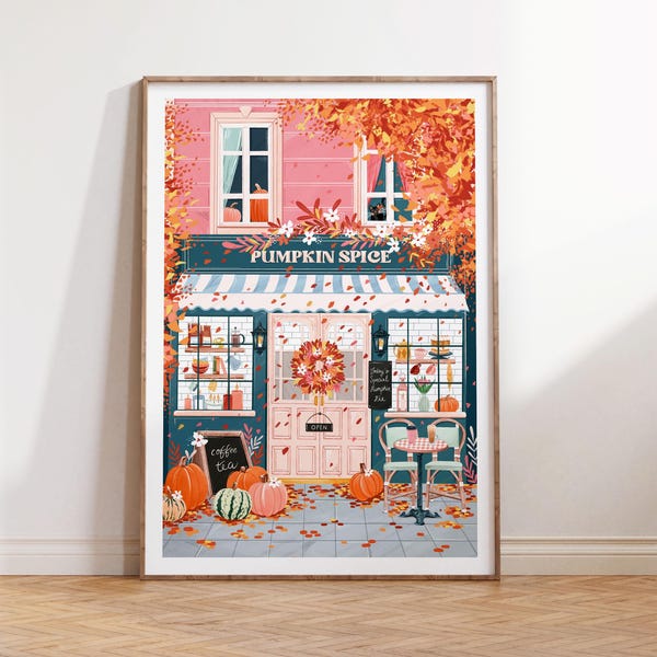 Pumpkin Spice Poster, Kaffee Poster, Herbst Wandkunst, Kaffee Geschenk, Küchen Wandkunst, Herbst Dekor, rosa Wandkunst