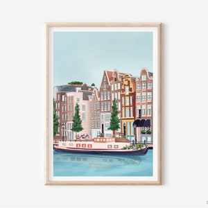 May include: A digital illustration of a canal in Amsterdam, Netherlands. The illustration features a canal with a houseboat, a row of colorful buildings, and trees. The sky is blue and the water is a light blue.