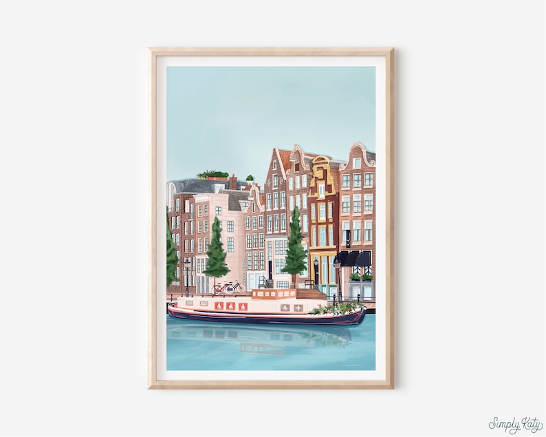 May include: A digital illustration of a canal in Amsterdam, Netherlands. The illustration features a canal with a houseboat, a row of colorful buildings, and trees. The sky is blue and the water is a light blue.