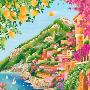 May include: A vibrant illustration of a coastal Italian village. Lush green hillsides cascade down to the sea, dotted with colorful buildings. Lemon branches frame the top, and pink flowers adorn the buildings. White sailboats dot the blue water.